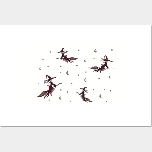 Flying witch on a broomstick with crescent moons and stars autumn halloween spooky pattern Posters and Art